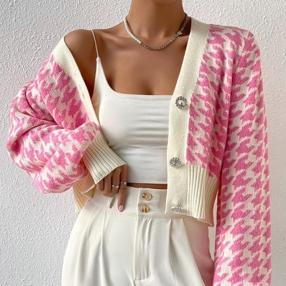 Multicolor Preppy Womens Houndstooth Pattern Lantern Sleeve Cardigan - Picture 3 of 5